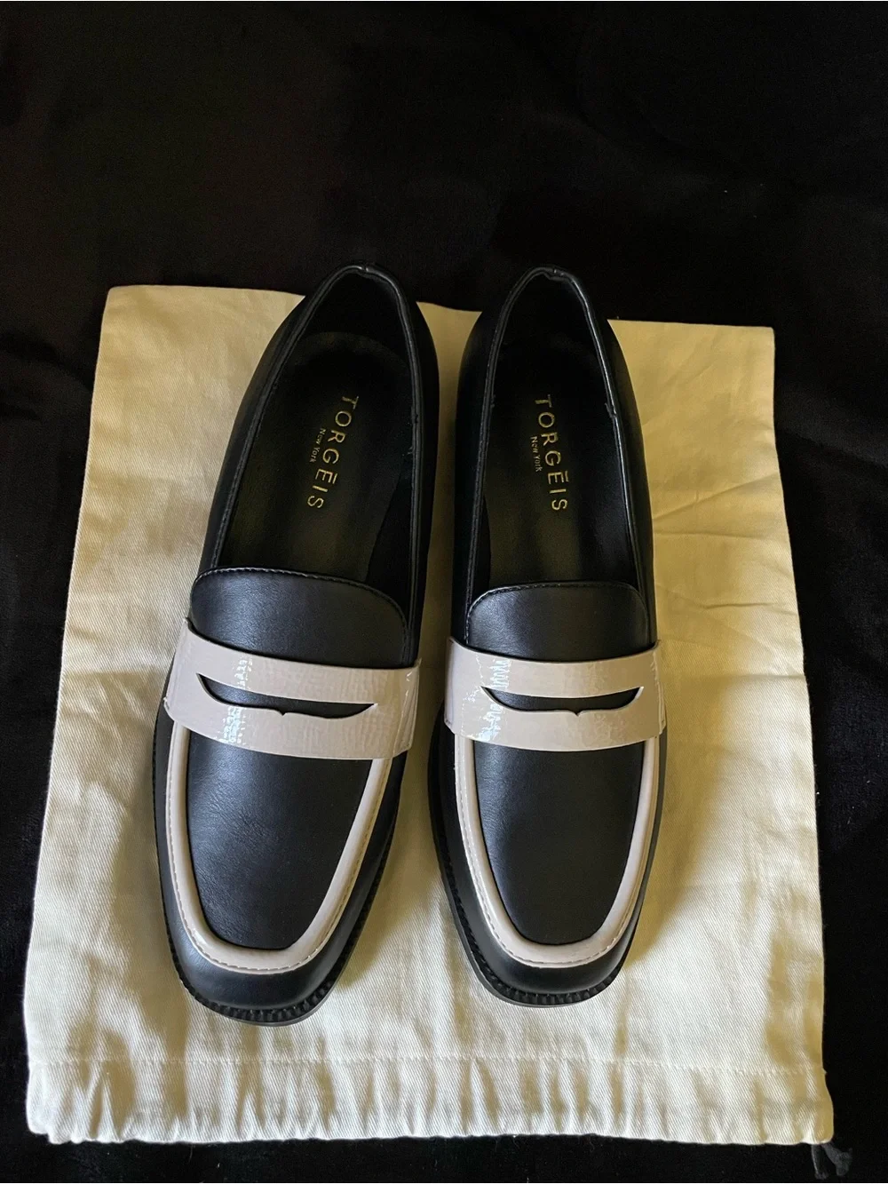 Torgeis NY Black and Cream Leather Penny Loafers